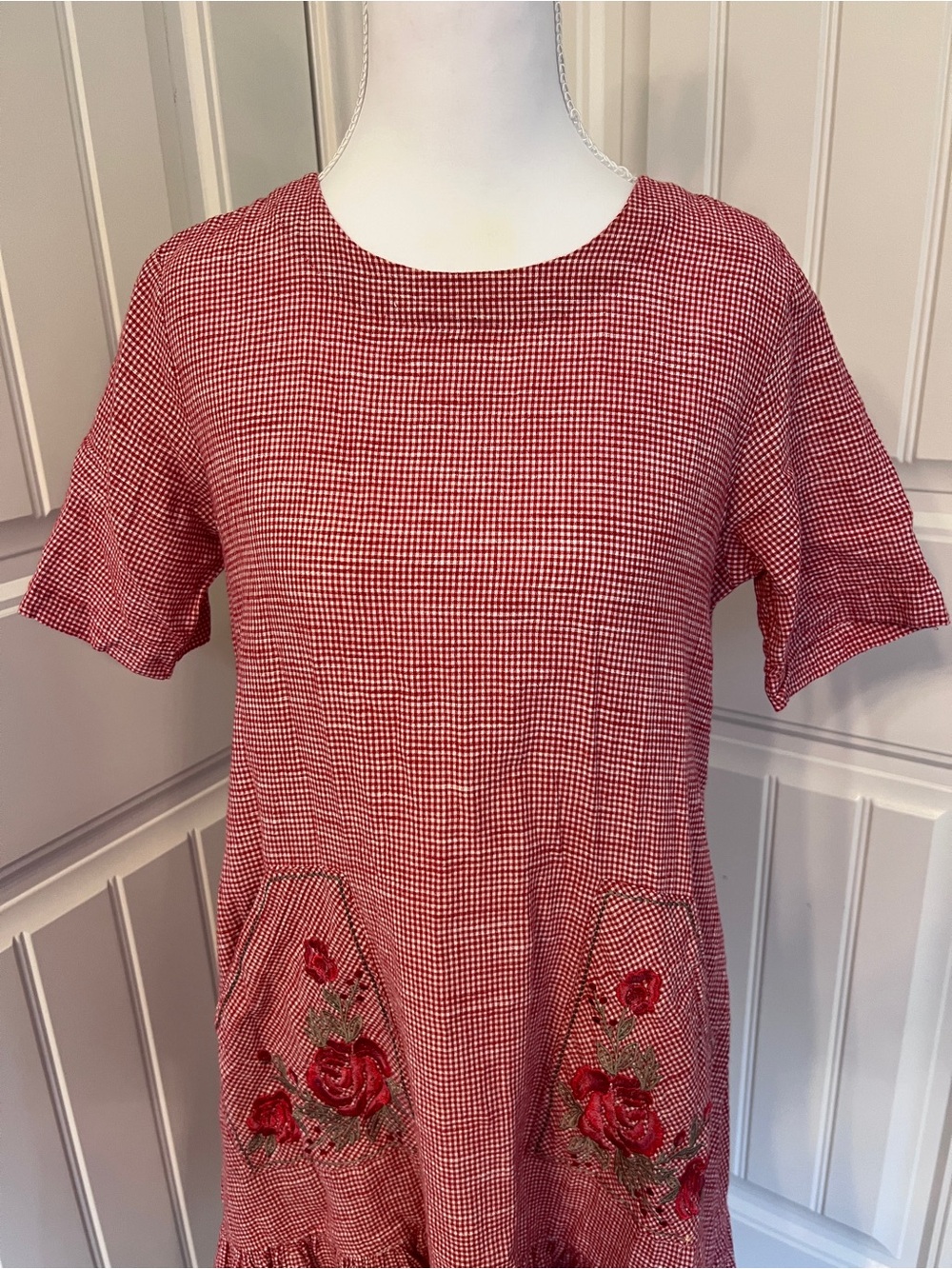 Bombay Paisley Women's Red Midi Gingham Dress with Rose Embroidery Pockets XS - Picture 3 of 16